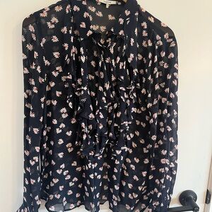 Ganni Black and Pink Ruffled Long Sleeve Blouse